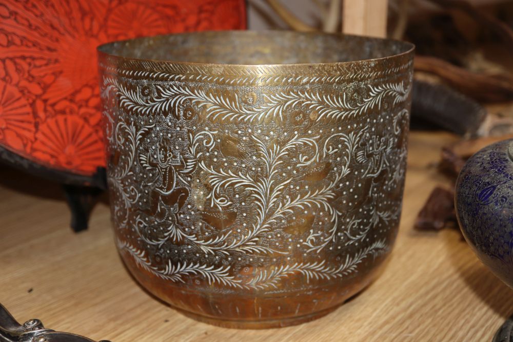 A Chinese cloisonne enamel bowl, a Burmese lacquer dish and an Indian brass bowl